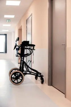 Rollator voor een deur op de gang van een instelling