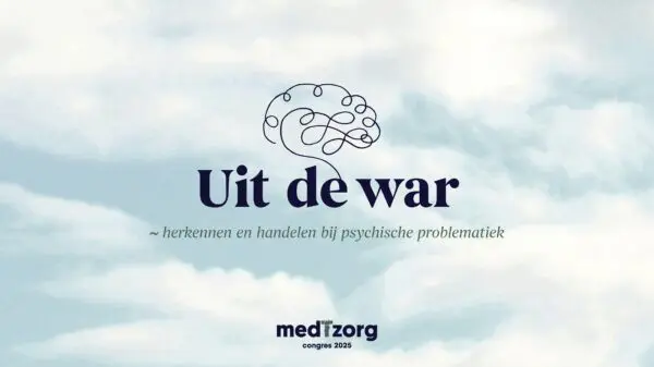 Banner van het medTzorg congres Uit de war met congres logo en ontwarde hersenen op achtergrond van wolkjes