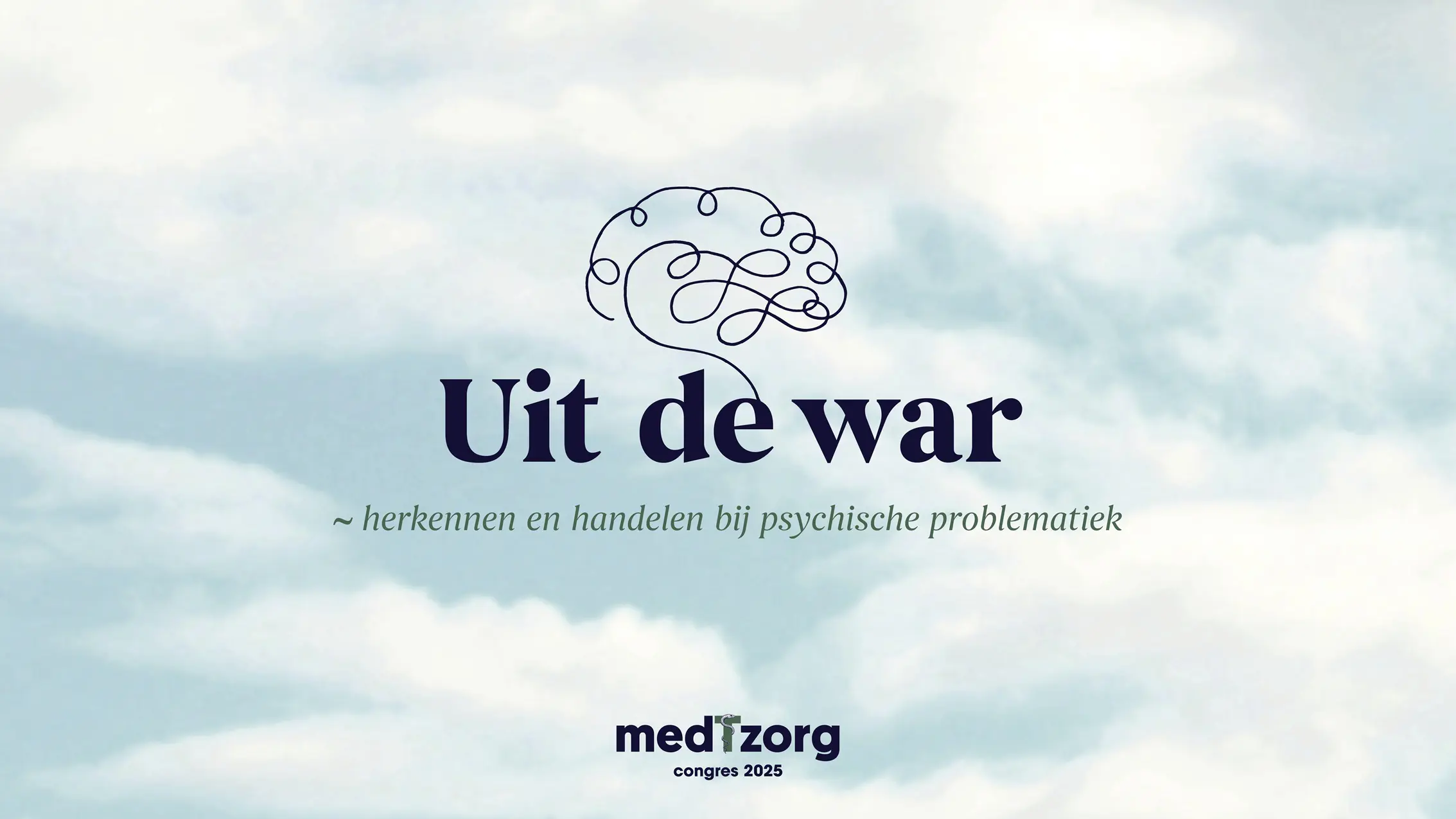 Banner van het medTzorg congres Uit de war met congres logo en ontwarde hersenen op achtergrond van wolkjes