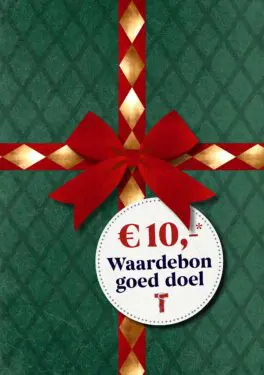 Flyer van de waardebon goed doel voor Kerst 2025 met strik op en 10 euro