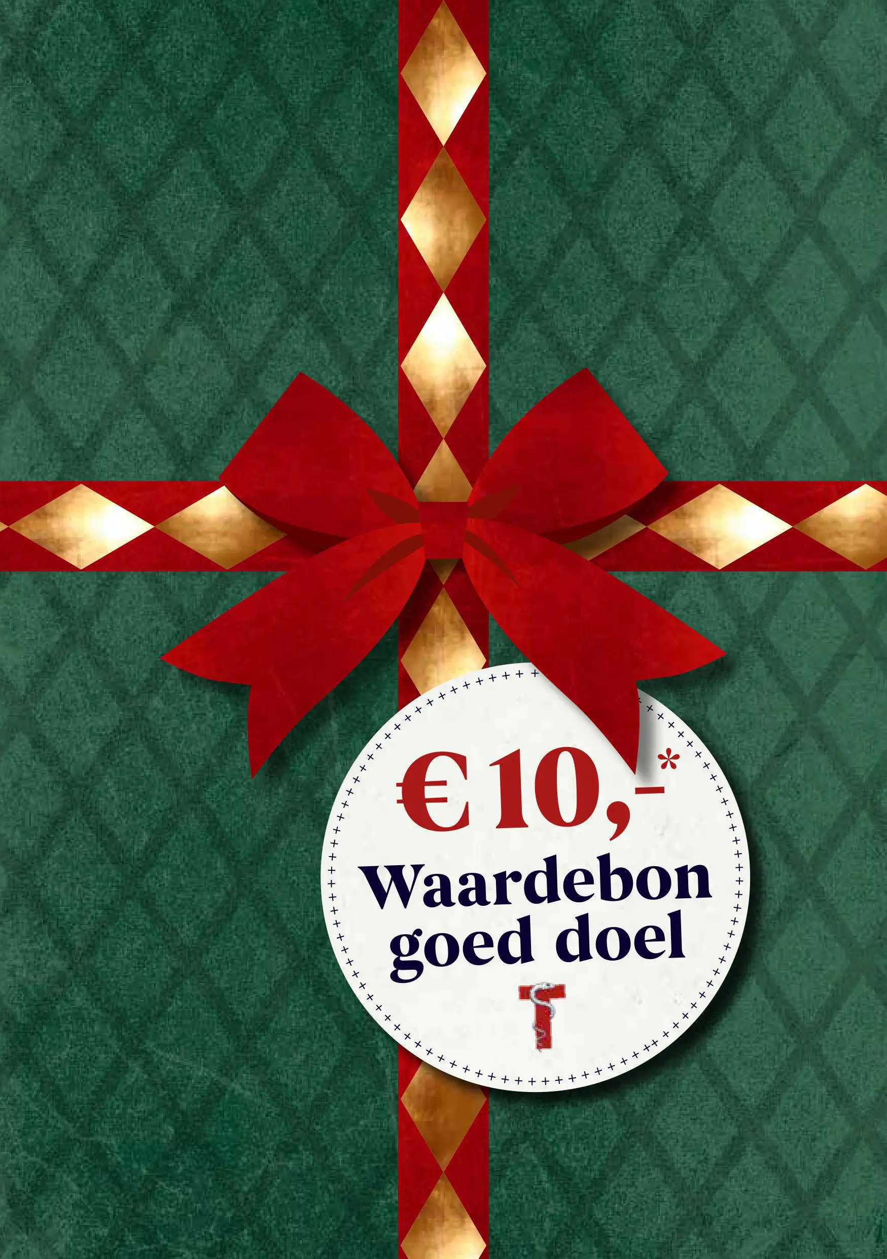 Flyer van de waardebon goed doel voor Kerst 2025 met strik op en 10 euro