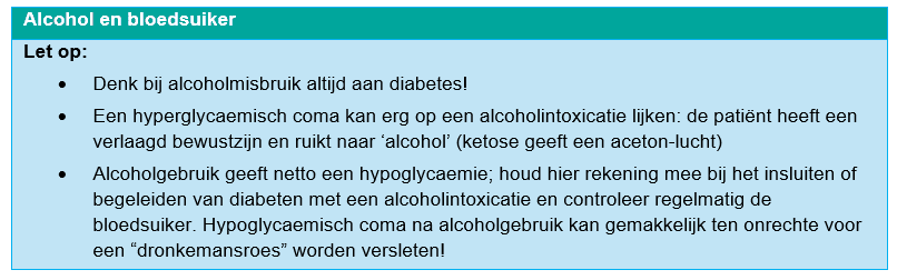 Tabel met opsomming van gevolgen alcohol problemen met de bloedsuiker