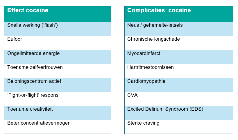 Tekstkaders met opsomming van de effecten en de complicaties van cocaïne