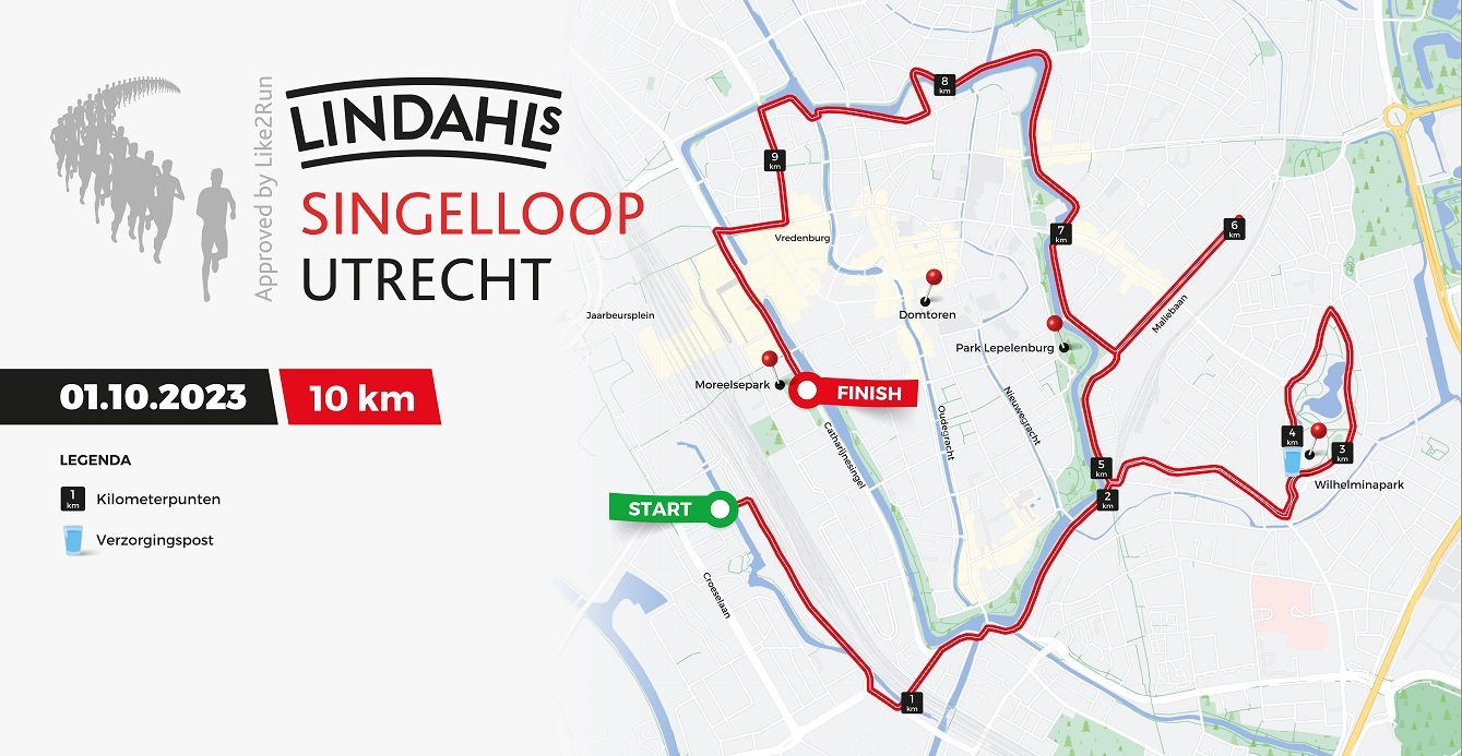 Het parcours van de 10 kilometer run van de Singelloop Utercht 2023