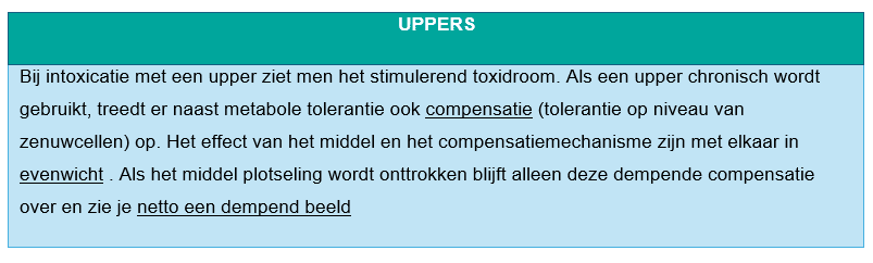 Tabel met beschrijving van effecten va intoxicatie en onthouding van uppers