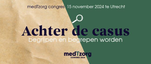 Banner met titel van het medTzorg congres 'Achter de casus' met datum en locatie