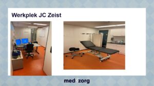 Een slide uit de PowerPoint presentatie "Gezondheidszorg achter de tralies" met foto's van de werkplek in JC Zeist