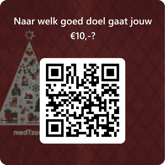 QR-code voor het doneren van € 10,- voor een goed doel met de waardebon die in het kerstpakket van medTzorg collega's zit.