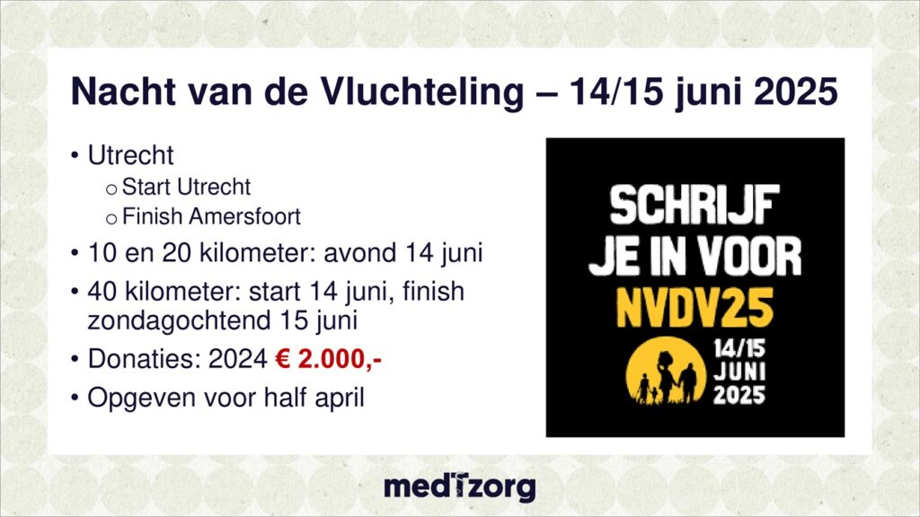 Afbeelding met de aankondiging van de Nacht van de Vluchteling 2025 voor teammedTzorg