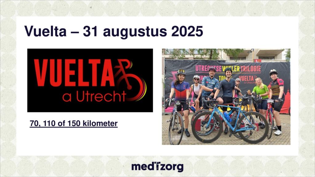 Aankondiging van de Vuelat a Utrecht voor teammedTzorg met een foto van zeven collega's aan de start in 2024