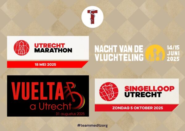 Afbeelding met de vier activiteiten van teammedTzorg 2025. Utrecht Marathon, Nacht van de Vluchteling, Vuelta a Utrecht en Singelloop Utrecht