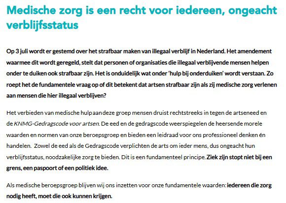Afbeelding van een stuk tekst met statement van KNMG over wetsvoorstel ongedocumenteerden.