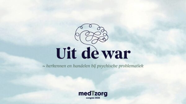 Banner van het medTzorg congres Uit de war met congres logo en ontwarde hersenen op achtergrond van wolkjes