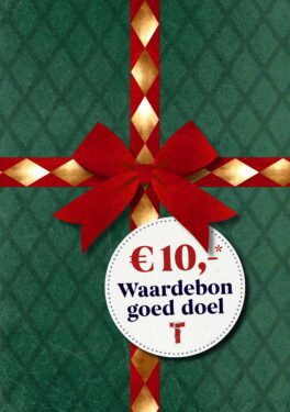 Flyer van de waardebon goed doel voor Kerst 2025 met strik op en 10 euro