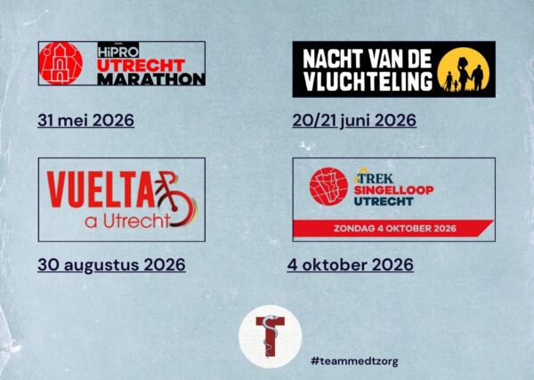 Poster met afbeeldingen en data van de sportieve activiteiten #teammedTzorg 2026