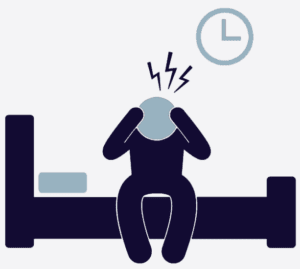 Illustratie van een mannetje op de rand van het bed, desperaat met handen in het haar.